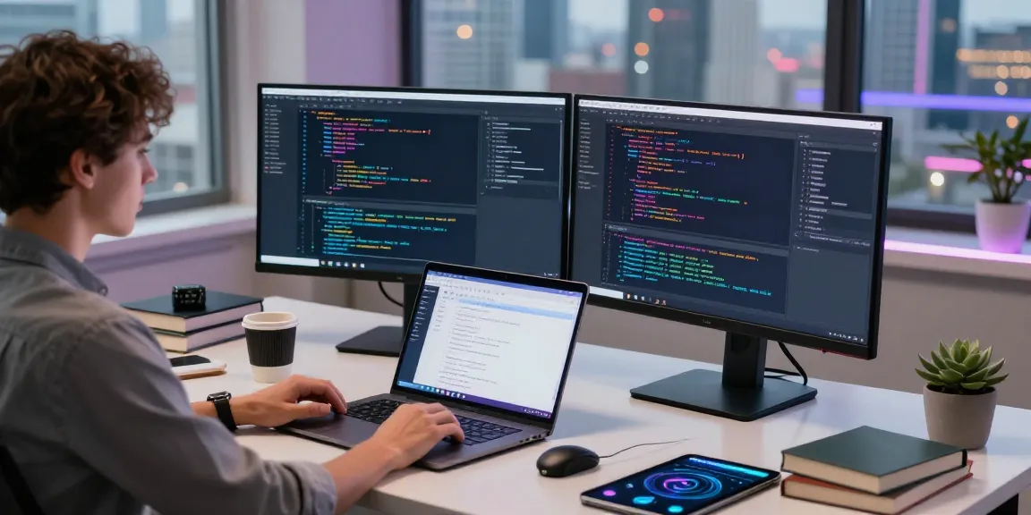 Motchill software development workspace with vibrant code on dual monitors and an urban skyline view