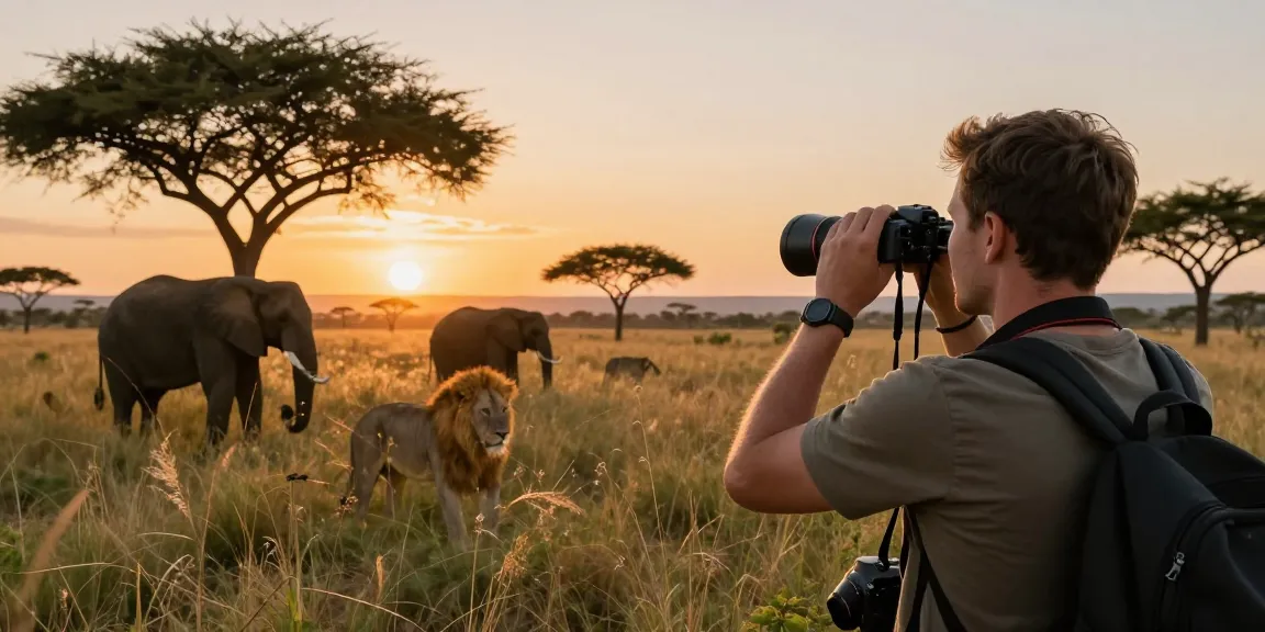 NAGA2000 traveler observing wildlife in Kidepo Valley National Park, enjoying a stunning sunset.