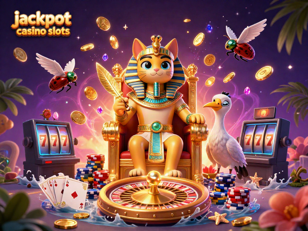 Engage with jackpot casino slots through this vibrant scene featuring a pharaoh cat and treasures!