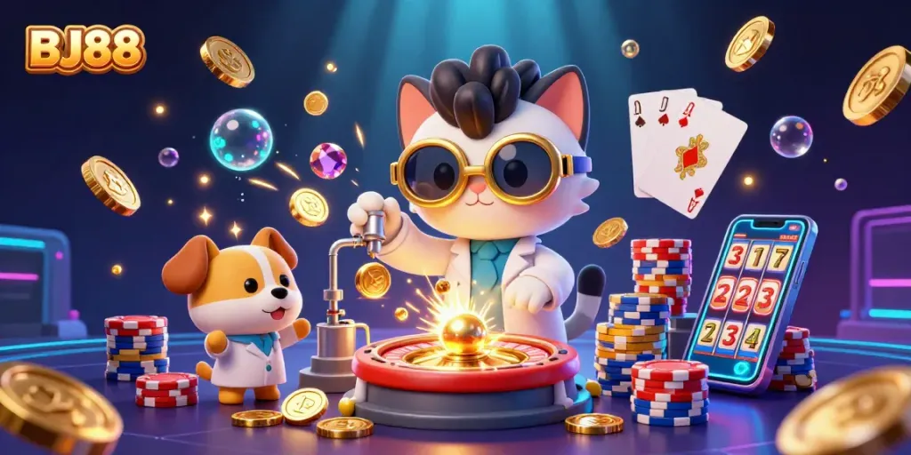 Experience thrilling action at BJ88 with vibrant casino characters and dynamic game elements.
