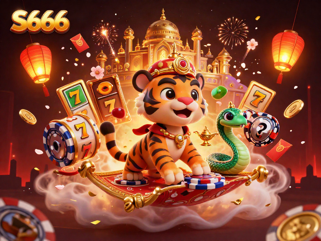 S666 announces exciting slot games within a vibrant casino atmosphere featuring a tiger sultan.