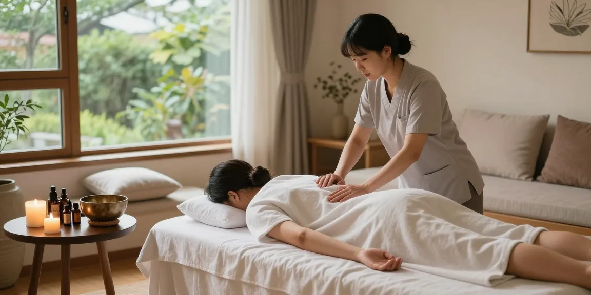 Relaxing 종로출장마사지 session with a skilled therapist in a cozy home setting, showcasing wellness and tranquility.