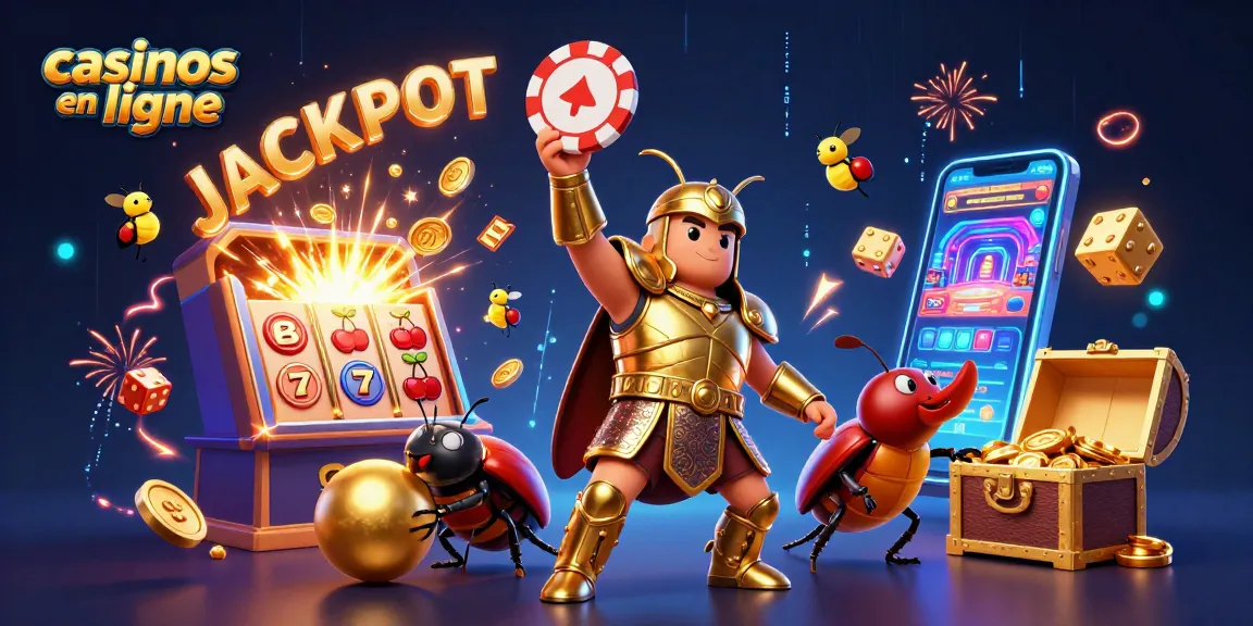 Vainqueur des casinos en ligne, le scarabée hercule célèbre avec des jetons gagnants.