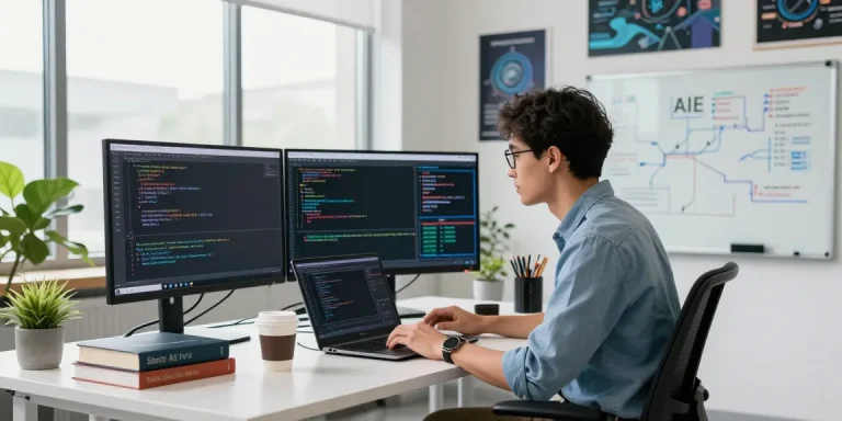 A data scientist interacting with AI agents in a modern tech workspace, showcasing advanced software tools and a vibrant office environment.