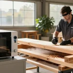 Shashel microwave device effectively eliminating wood-boring insects in a wood treatment facility.