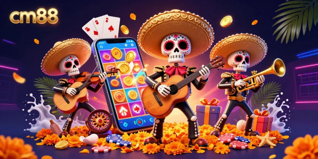 Engage in thrilling gaming at cm88 with a vibrant scene of a mariachi band surrounded by casino elements.