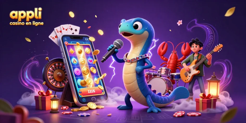 Illustration dynamique d'appli casino en ligne avec une anguille DJ, un batteur homard et un guitariste hippocampe.