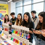Shoppers exploring custom keychains in a vibrant retail environment, excited by unique designs.