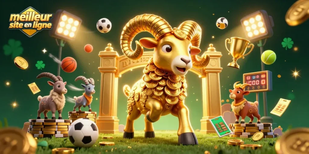 Célébrez le meilleur site pari en ligne avec une illustration dynamique de personnages de casino en 3D et des éléments sportifs.