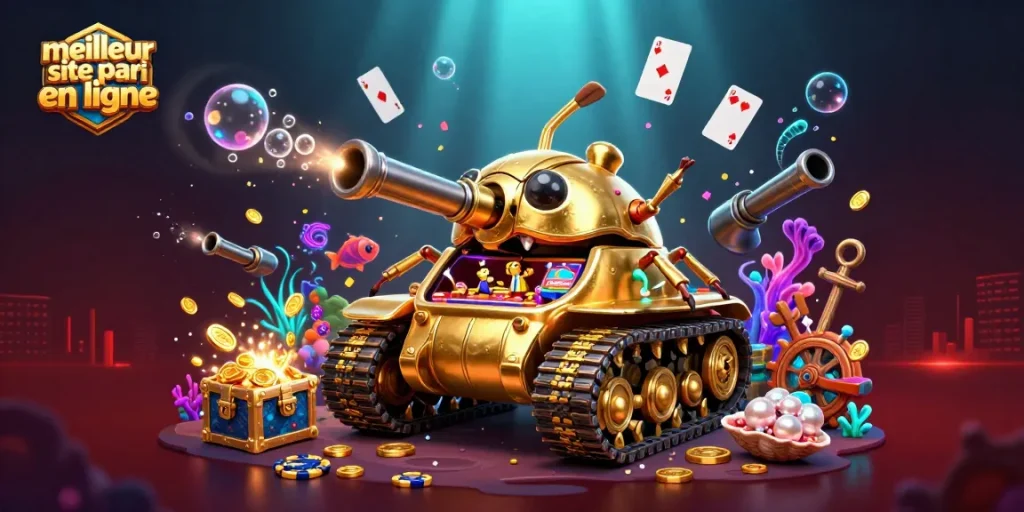 Visualisez le meilleur site pari en ligne avec un tank en forme de scarabée doré et des éléments de casino attrayants
