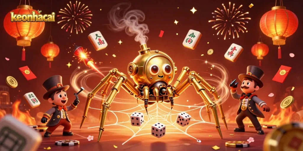 Engage with keonhacai as a golden spider traps dice in a dynamic casino scene full of festive elements.