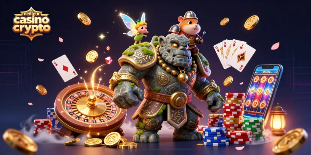 Gagnez avec meilleur casino crypto : illustration dynamique de personnages de casino et éléments de jeu