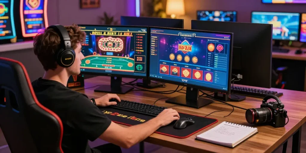 Exciting rokok88 gaming experience with player engaged in live dealer action and vibrant virtual casino elements.