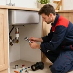 Experienced Stevenage plumber repairing kitchen sink with tools and fittings in a bright, modern setting.