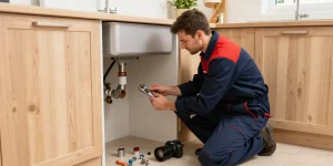 Experienced Stevenage plumber repairing kitchen sink with tools and fittings in a bright, modern setting.
