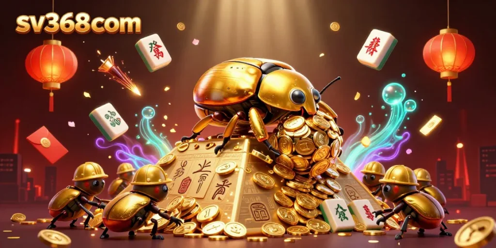Experience thrilling casino action with sv368com: a dynamic scene of golden dung beetles and casino symbols.
