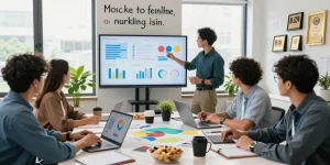Team of marketers in a bright office discussing strategies for rokok 88 marketing.