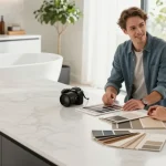 Stylish kitchen scene with a solid surface countertops company showcasing elegant design options and samples.