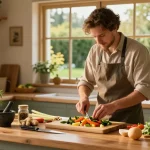Colorful dish preparation in warm kitchen scene, featuring fresh ginger and lemongrass, embodying a homely vibe, เว็บสล็อต.