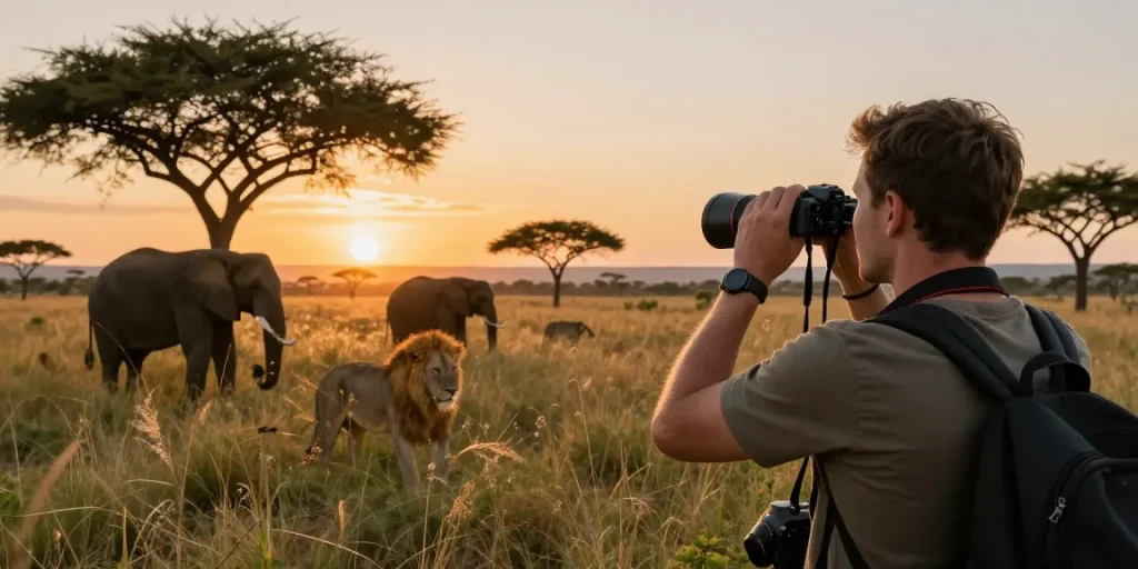 NAGA2000 traveler observing wildlife in Kidepo Valley National Park, enjoying a stunning sunset.