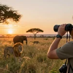 NAGA2000 traveler observing wildlife in Kidepo Valley National Park, enjoying a stunning sunset.