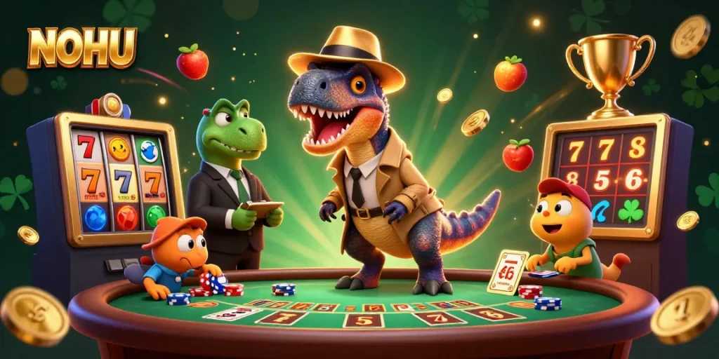 NOHU enticing gamblers in a dynamic blackjack scene with cartoon dinosaurs and vibrant casino elements
